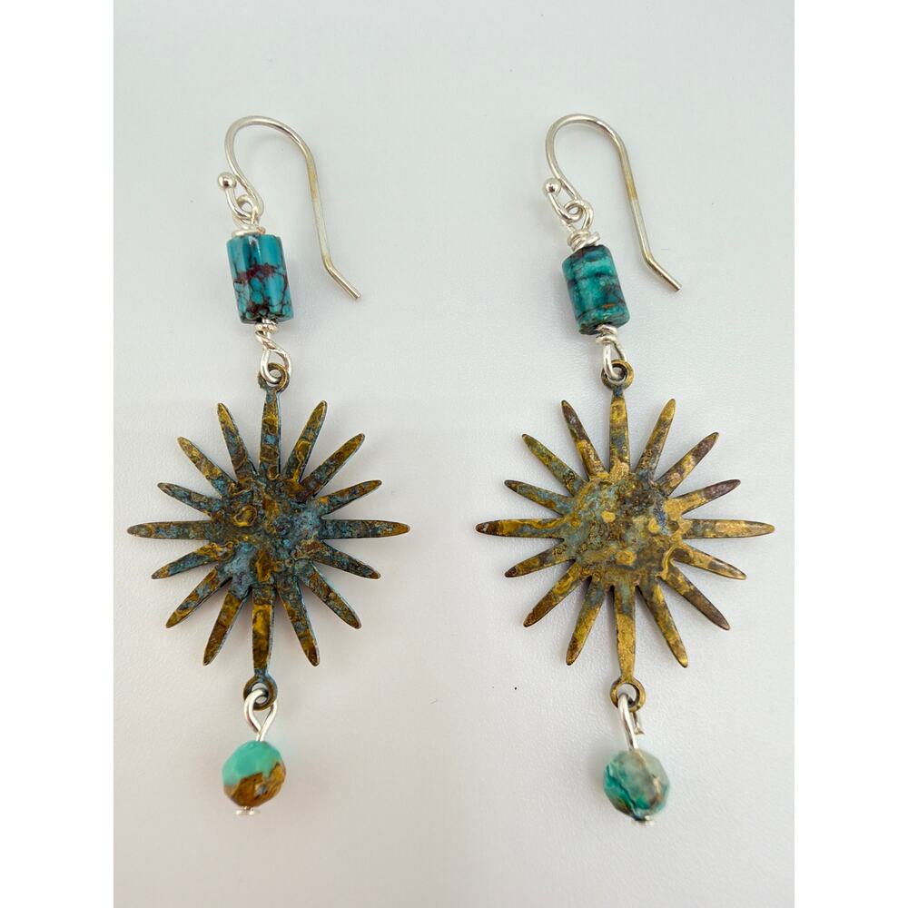 NEW Artisan Handcrafted Turquoise Sunburst Patina Metal Dangle Earrings - Picture 5 of 8
